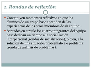 1. Rondas de reflexión
Constituyen momentos reflexivos en que los
alumnos de un grupo base aprenden de las
experiencias de los otros miembros de su equipo.
Sentados en círculo los cuatro integrantes del equipo
base dedican un tiempo a la socialización
interpersonal (rondas de socialización), o bien, a la
solución de una situación problemática o problema
(ronda de análisis de problemas).
 