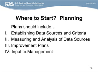 10
Where to Start? Planning
Plans should include…
I. Establishing Data Sources and Criteria
II. Measuring and Analysis of Data Sources
III. Improvement Plans
IV. Input to Management
 