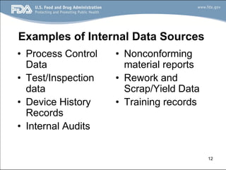 12
Examples of Internal Data Sources
• Process Control
Data
• Test/Inspection
data
• Device History
Records
• Internal Audits
• Nonconforming
material reports
• Rework and
Scrap/Yield Data
• Training records
 