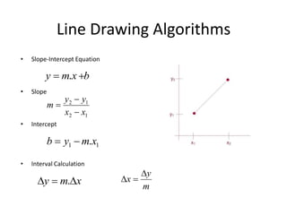Line Drawing Algorithms
• Slope-Intercept Equation
• Slope
• Intercept
• Interval Calculation
bxmy  .
12
12
xx
yy
m



11 .xmyb 
xmy  . m
y
x


 