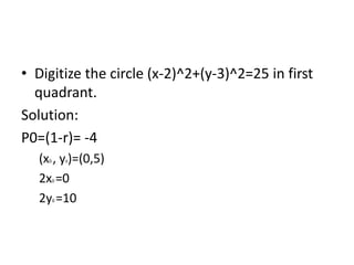 • Digitize the circle (x-2)^2+(y-3)^2=25 in first
quadrant.
Solution:
P0=(1-r)= -4
(x0 , y0)=(0,5)
2x0 =0
2y0 =10
 
