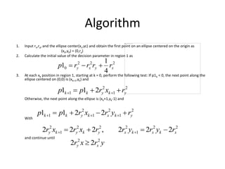 Algorithm
1. Input rx,ry, and the ellipse center(xc,yc) and obtain the first point on an ellipse centered on the origin as
(x0,y0) = (0,ry)
2. Calculate the initial value of the decision parameter in region 1 as
3. At each xk position in region 1, starting at k = 0, perform the following test: If p1k < 0, the next point along the
ellipse centered on (0,0) is (xk+1,yk) and
Otherwise, the next point along the ellipse is (xk+1,yk-1) and
With
and continue until
222
0
4
1
1 xyxy rrrrp 
2
1
2
1 211 ykykk rxrpp  
2
1
2
1
2
1 2211 ykxkykk ryrxrpp  
22
1
222
1
2
222,222 xkxkxykyky ryryrrxrxr  
yrxr xy
22
22 
 
