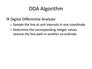 DDA Algorithm (right to left)
• Slope
• For |m|<1 (|Δy|< |Δx|)
– Sample line at unit interval in x co-ordinate
• For |m|>1...