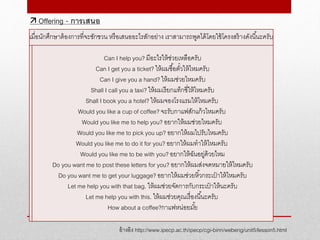 อ้างอิง http://www.ipecp.ac.th/ipecp/cgi-binn/webeng/unit5/lesson5.html
 Offering - การเสนอ
เมื่อนักศึกษาต้องการที่จะชักชวน หรือเสนออะไรสักอย่าง เราสามารถพูดได้โดยใช้โครงสร้างดังนี้นะครับ
Can I help you? มีอะไรให้ช่วยเหลือครับ
Can I get you a ticket? ให้ผมซื้อตั๋วให้ไหมครับ
Can I give you a hand? ให้ผมช่วยไหมครับ
Shall I call you a taxi? ให้ผมเรียกแท็กซี่ให้ไหมครับ
Shall I book you a hotel? ให้ผมจองโรงแรมให้ไหมครับ
Would you like a cup of coffee? จะรับกาแฟสักแก้วไหมครับ
Would you like me to help you? อยากให้ผมช่วยไหมครับ
Would you like me to pick you up? อยากให้ผมไปรับไหมครับ
Would you like me to do it for you? อยากให้ผมทาให้ไหมครับ
Would you like me to be with you? อยากให้ฉันอยู่ด้วยไหม
Do you want me to post these letters for you? อยากให้ผมส่งจดหมายให้ไหมครับ
Do you want me to get your luggage? อยากให้ผมช่วยหิ้วกระเป๋ าให้ไหมครับ
Let me help you with that bag. ให้ผมช่วยจัดการกับกระเป๋ าให้นะครับ
Let me help you with this. ให้ผมช่วยคุณเรื่องนี้นะครับ
How about a coffee?กาแฟหน่อยมั้ย
 