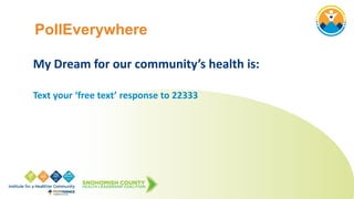 My Dream for our community’s health is:
Text your ‘free text’ response to 22333
PollEverywhere
 