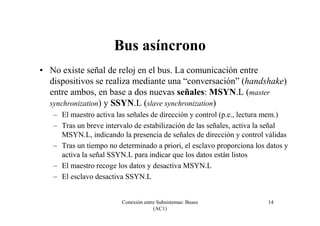Conexión entre Subsistemas: Buses
(AC1)
14
Bus asíncrono
• No existe señal de reloj en el bus. La comunicación entre
dispositivos se realiza mediante una “conversación” (handshake)
entre ambos, en base a dos nuevas señales: MSYN.L (master
synchronization) y SSYN.L (slave synchronization)
– El maestro activa las señales de dirección y control (p.e., lectura mem.)
– Tras un breve intervalo de estabilización de las señales, activa la señal
MSYN.L, indicando la presencia de señales de dirección y control válidas
– Tras un tiempo no determinado a priori, el esclavo proporciona los datos y
activa la señal SSYN.L para indicar que los datos están listos
– El maestro recoge los datos y desactiva MSYN.L
– El esclavo desactiva SSYN.L
 