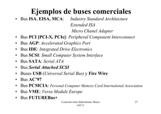 Conexión entre Subsistemas: Buses
(AC1)
27
Ejemplos de buses comerciales
• Bus ISA, EISA, MCA: Industry Standard Architecture
Extended ISA
Micro Chanel Adapter
• Bus PCI [PCI-X, PCIe]: Peripheral Component Interconnect
• Bus AGP: Accelerated Graphics Port
• Bus IDE: Integrated Drive Electronics
• Bus SCSI: Small Computer System Interface
• Bus SATA: Serial ATA
• Bus Serial Attached SCSI
• Buses USB (Universal Serial Bus) y Fire Wire
• Bus AC’97
• Bus PCMCIA: Personal Computer Memory Card International Association
• Bus VME: Versa Module Europe
• Bus FUTUREBus+
 