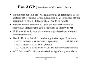 Conexión entre Subsistemas: Buses
(AC1)
32
Bus AGP (Accelerated Graphics Port)
• Introducido por Intel en 1997 para acelerar el tratamiento de los
gráficos 3D y realidad virtual (visualizar 10-25 imágenes 3D por
segundo ) → el bus PCI resultaba el cuello de botella
• Versión especializada de PCI para gráficos que conecta el
procesador directamente con la memoria de video y la MP
• Utiliza técnicas de segmentación en la gestión de peticiones y
acceso a memoria
• Bus de 32 bits a 66 MHz, con las siguientes especificaciones:
– AGP 1.0 (1996): 1x 266 MB/s (4 bytes/ciclo) 2x 533 MB/s
– AGP 2.0 (1998): 1x, 2x, 4x 1,07 GB/s
– AGP 3.0 (2002): 1x, 2x, 4x, 8x 2,1 GB/s [funcionamiento isocrono]
• AGP Pro: versión orientada a estaciones gráficas y servidores
 
