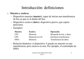 Conexión entre Subsistemas: Buses
(AC1)
4
Introducción: definiciones
• Maestro y esclavo:
– Dispositivo maestro (master): capaz de iniciar una transferencia
de bus ya que es el dueño del bus
– Dispositivo esclavo (slave): dispositivo pasivo, que espera
peticiones
– Ejemplos:
Maestro Esclavo Operación
CPU Memoria Búsqueda de inst. y datos
CPU Dispositivos E/S Inicializar transferencia
DMA Memoria Transferencia de datos
– Relación dinámica: el dispositivo A puede ser maestro en una
transferencia, pero esclavo en otra. Por ejemplo, el controlador de
DMA
 