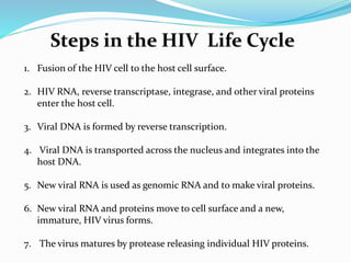 Steps in the HIV Life Cycle
1. Fusion of the HIV cell to the host cell surface.
2. HIV RNA, reverse transcriptase, integrase, and other viral proteins
enter the host cell.
3. Viral DNA is formed by reverse transcription.
4. Viral DNA is transported across the nucleus and integrates into the
host DNA.
5. New viral RNA is used as genomic RNA and to make viral proteins.
6. New viral RNA and proteins move to cell surface and a new,
immature, HIV virus forms.
7. The virus matures by protease releasing individual HIV proteins.
 