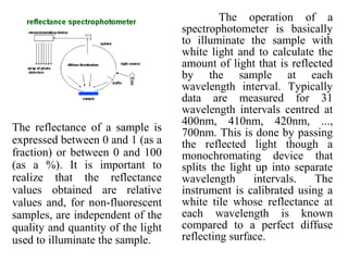 The operation of a
spectrophotometer is basically
to illuminate the sample with
white light and to calculate the
amount of light that is reflected
by the sample at each
wavelength interval. Typically
data are measured for 31
wavelength intervals centred at
400nm, 410nm, 420nm, ...,
700nm. This is done by passing
the reflected light though a
monochromating device that
splits the light up into separate
wavelength intervals. The
instrument is calibrated using a
white tile whose reflectance at
each wavelength is known
compared to a perfect diffuse
reflecting surface.
The reflectance of a sample is
expressed between 0 and 1 (as a
fraction) or between 0 and 100
(as a %). It is important to
realize that the reflectance
values obtained are relative
values and, for non-fluorescent
samples, are independent of the
quality and quantity of the light
used to illuminate the sample.
 
