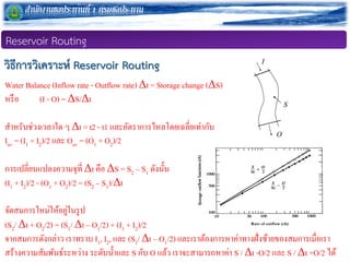 ??????????????????? 1 ???????????
Reservoir Routing
Water Balance (Inflow rate - Outflow rate) t = Storage change (S)
???? (I - O) = S/t
???????????????? ? t = t2 - t1 ??????????????????????????????
Iav = (I1 + I2)/2 ??? Oav = (O1 + O2)/2
??????????????????????? t ??? S = S2 C S1 ???????
(I1 + I2)/2 - (O1 + O2)/2 = (S2 C S1)/t
????????????????????????
(S2/ t + O2/2) = (S1/ t C O1/2) + (I1 + I2)/2
???????????????? ??????? I1, I2, ??? (S1/ t C O1/2) ?????????????????????????????????????????????
???????????????????????? ??????????? S ??? O ???? ???????????????? S / t -O/2 ??? S / t +O/2 ???
???????????????? Reservoir Routing
 