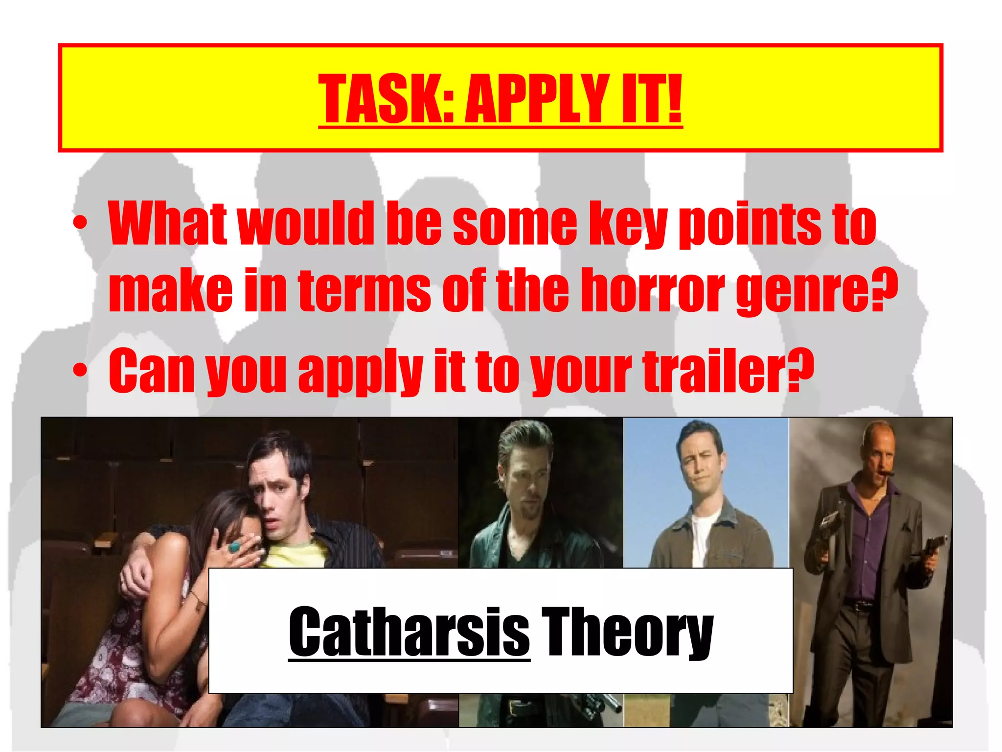 TASK: APPLY IT!
• What would be some key points to
make in terms of the horror genre?
• Can you apply it to your trailer?
Catharsis Theory
 