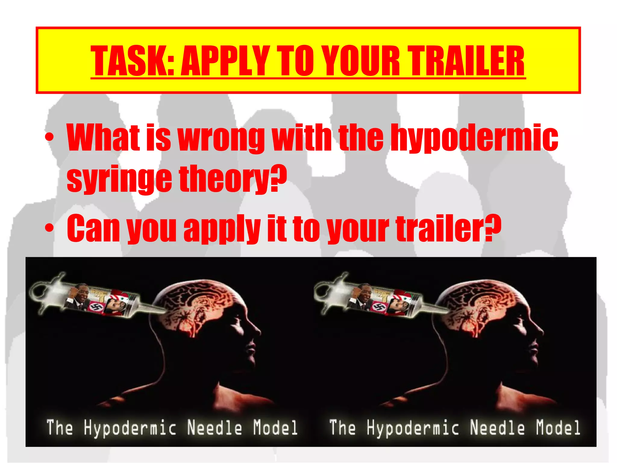 TASK: APPLY TO YOUR TRAILER
• What is wrong with the hypodermic
syringe theory?
• Can you apply it to your trailer?
 