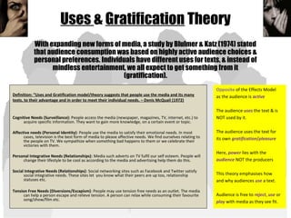 Uses & Gratification Theory
Definition: “Uses and Gratification model/theory suggests that people use the media and its many
texts, to their advantage and in order to meet their individual needs. – Denis McQuail (1972)
Cognitive Needs (Surveillance): People access the media (newspaper, magazines, TV, internet, etc.) to
acquire specific information. They want to gain more knowledge, on a certain event or topic.
Affective needs (Personal Identity): People use the media to satisfy their emotional needs. In most
cases, television is the best form of media to please affective needs. We find ourselves relating to
the people on TV. We sympathize when something bad happens to them or we celebrate their
victories with them.
Personal Integrative Needs (Relationships): Media such adverts on TV fulfil our self esteem. People will
change their lifestyle to be cool as according to the media and advertising help them do this.
Social Integrative Needs (Relationships): Social networking sites such as Facebook and Twitter satisfy
social integrative needs. These sites let you know what their peers are up too, relationship
statuses etc.
Tension Free Needs (Diversions/Escapism): People may use tension free needs as an outlet. The media
can help a person escape and relieve tension. A person can relax while consuming their favourite
song/show/film etc.
With expanding new forms of media, a study by Blulmer & Katz (1974) stated
that audience consumption was based on highly active audience choices &
personal preferences. Individuals have different uses for texts, & instead of
mindless entertainment, we all expect to get something from it
(gratification).
Opposite of the Effects Model
as the audience is active
The audience uses the text & is
NOT used by it.
The audience uses the text for
its own gratification/pleasure
Here, power lies with the
audience NOT the producers
This theory emphasises how
and why audiences use a text.
Audience is free to reject, use or
play with media as they see fit.
 