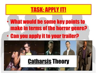 TASK: APPLY IT!
• What would be some key points to
make in terms of the horror genre?
• Can you apply it to your trailer?
Catharsis Theory
 