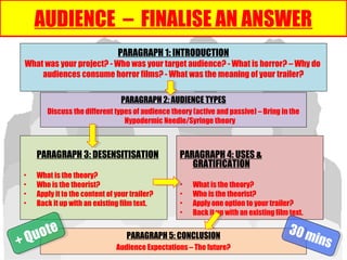 AUDIENCE – FINALISE AN ANSWER
PARAGRAPH 1: INTRODUCTION
What was your project? - Who was your target audience? - What is horror? – Why do
audiences consume horror films? - What was the meaning of your trailer?
PARAGRAPH 2: AUDIENCE TYPES
Discuss the different types of audience theory (active and passive) – Bring in the
Hypodermic Needle/Syringe theory
PARAGRAPH 3: DESENSITISATION
• What is the theory?
• Who is the theorist?
• Apply it to the content of your trailer?
• Back it up with an existing film text.
PARAGRAPH 4: USES &
GRATIFICATION
• What is the theory?
• Who is the theorist?
• Apply one option to your trailer?
• Back it up with an existing film text.
PARAGRAPH 5: CONCLUSION
Audience Expectations – The future?+ Quote
+ Quote 30 mins
30 mins
 