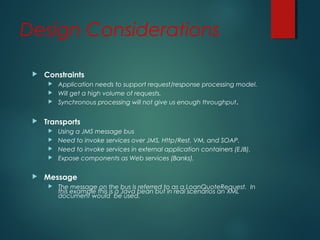 Design Considerations
 Constraints
 Application needs to support request/response processing model.
 Will get a high volume of requests.
 Synchronous processing will not give us enough throughput.
 Transports
 Using a JMS message bus
 Need to invoke services over JMS, Http/Rest, VM, and SOAP.
 Need to invoke services in external application containers (EJB).
 Expose components as Web services (Banks).
 Message
 The message on the bus is referred to as a LoanQuoteRequest. In
this example this is a Java bean but in real scenarios an XML
document would be used.
 