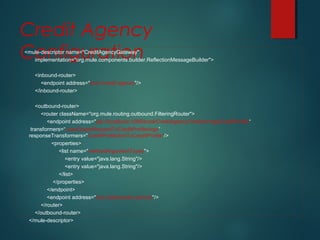 Credit Agency
Configuration<mule-descriptor name="CreditAgencyGateway"
implementation="org.mule.components.builder.ReflectionMessageBuilder">
<inbound-router>
<endpoint address="jms://credit.agency"/>
</inbound-router>
<outbound-router>
<router className="org.mule.routing.outbound.FilteringRouter">
<endpoint address="ejb://localhost:1099/local/CreditAgency?method=getCreditProfile“
transformers=“LoanQuoteRequestToCreditProfileArgs”
responseTransformers="CreditProfileXmlToCreditProfile“/>
<properties>
<list name="methodArgumentTypes">
<entry value="java.lang.String"/>
<entry value="java.lang.String"/>
</list>
</properties>
</endpoint>
<endpoint address="jms://esb.lender.service"/>
</router>
</outbound-router>
</mule-descriptor>
 