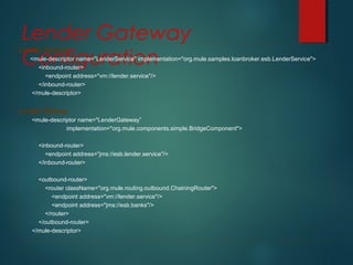 Lender Gateway
Configuration
Lender Service
<mule-descriptor name="LenderService" implementation="org.mule.samples.loanbroker.esb.LenderService">
<inbound-router>
<endpoint address="vm://lender.service"/>
</inbound-router>
</mule-descriptor>
Lender Gatway
<mule-descriptor name="LenderGateway”
implementation="org.mule.components.simple.BridgeComponent">
<inbound-router>
<endpoint address="jms://esb.lender.service"/>
</inbound-router>
<outbound-router>
<router className="org.mule.routing.outbound.ChainingRouter">
<endpoint address="vm://lender.service"/>
<endpoint address="jms://esb.banks"/>
</router>
</outbound-router>
</mule-descriptor>
 
