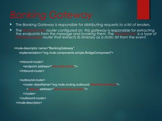 Banking Gateway
 The Banking Gateway is responsible for distributing requests to a list of lenders.
 The ReciptientList router configured on this gateway is responsible for extracting
the endpoints from the message and invoking them. The RecipientList is a type of
Itinerary-based router that extracts its itinerary as a static list from the event.
<mule-descriptor name="BankingGateway"
implementation="org.mule.components.simple.BridgeComponent">
<inbound-router>
<endpoint address="jms://esb.banks"/>
</inbound-router>
<outbound-router>
<router className="org.mule.routing.outbound.StaticRecipientList">
<reply-to address="jms://esb.loan.quotes"/>
</router>
</outbound-router>
</mule-descriptor>
 