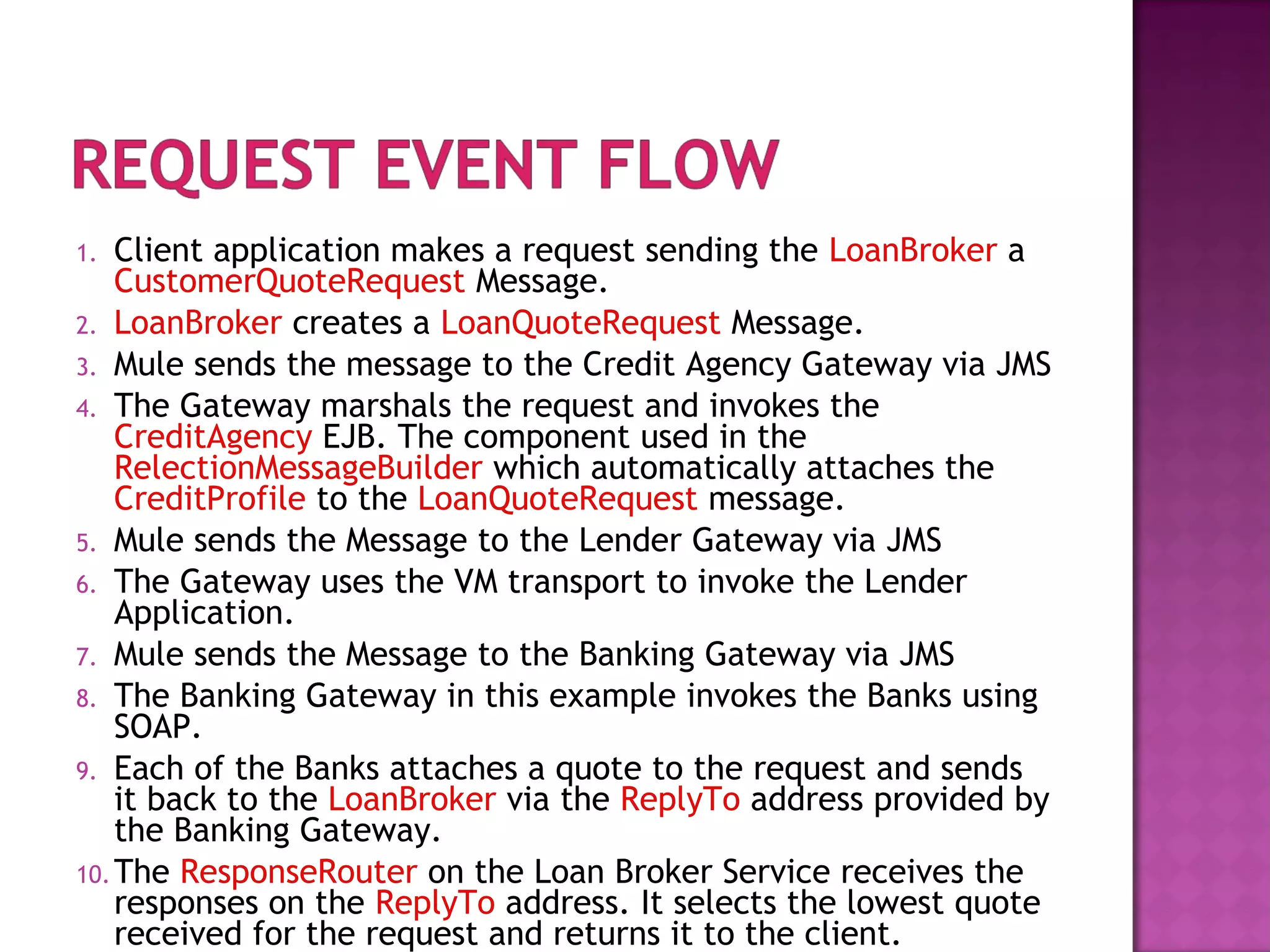 1. Client application makes a request sending the LoanBroker a
CustomerQuoteRequest Message.
2. LoanBroker creates a LoanQuoteRequest Message.
3. Mule sends the message to the Credit Agency Gateway via JMS
4. The Gateway marshals the request and invokes the
CreditAgency EJB. The component used in the
RelectionMessageBuilder which automatically attaches the
CreditProfile to the LoanQuoteRequest message.
5. Mule sends the Message to the Lender Gateway via JMS
6. The Gateway uses the VM transport to invoke the Lender
Application.
7. Mule sends the Message to the Banking Gateway via JMS
8. The Banking Gateway in this example invokes the Banks using
SOAP.
9. Each of the Banks attaches a quote to the request and sends
it back to the LoanBroker via the ReplyTo address provided by
the Banking Gateway.
10.The ResponseRouter on the Loan Broker Service receives the
responses on the ReplyTo address. It selects the lowest quote
received for the request and returns it to the client.
 