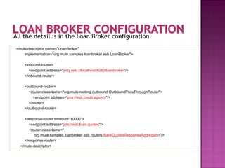 All the detail is in the Loan Broker configuration.
<mule-descriptor name="LoanBroker"
implementation="org.mule.samples.loanbroker.esb.LoanBroker">
<inbound-router>
<endpoint address="jetty:rest://localhost:8080/loanbroker"/>
</inbound-router>
<outbound-router>
<router className="org.mule.routing.outbound.OutboundPassThroughRouter">
<endpoint address="jms://esb.credit.agency"/>
</router>
</outbound-router>
<response-router timeout="10000">
<endpoint address="jms://esb.loan.quotes"/>
<router className="
org.mule.samples.loanbroker.esb.routers.BankQuotesResponseAggregator"/>
</response-router>
</mule-descriptor>
 