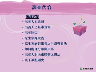 調 容查內
出養家庭出養家庭
• 出養人家系圖
• 出養人之基本資料
• 出養原因
• 原生家庭 況狀
• 原生家庭對出養之計劃與看法
• 如何處理分離與失落
• 出養人對未來聯繫之想法
• 孩子被照顧史
 