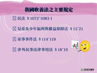 我國收養法之主要規定我國收養法之主要規定
 民法 §1072~1083-1
 兒童及少年福利與權益保障法 §15~21
 家事事件法 §114~119
 外民事法律事用法涉 §18~19
 