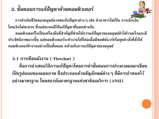 3. ขั้นตอนการแก้ปัญหาด้วยคอมพิวเตอร์
การดาเนินชีวิตของมนุษย์อาจพบกับปัญหาต่างๆ เช่น ทาอาหารไม่เป็ น การเบิกเงิน
โอนเงินไม่สะดวก ซึ่งแต่ละคนมีวิธีแก้ปัญหาที่แตกต่างกัน
คอมพิวเตอร์จึงเป็ นเครื่องมือที่สาคัญที่ช่วยให้การแก้ปัญหาของมนุษย์ทาได้รวดเร็วและมี
ประสิทธิภาพมากขึ้น แต่คอมพิวเตอร์จะทางานได้ก็ต่อเมื่อมีซอฟต์แวร์หรือชุดคาสั่งที่สั่งให้
คอมพิวเตอร์ทางานอย่างเป็ นขั้นตอน คล้ายกับการแก้ปัญหาของมนุษย์
3.1 การเขียนผังงาน ( Flowchart )
คือการนาเสนอวิธีการแก้ปัญหาโดยการนาขั้นตอนการประมวลผลมาเขียน
เป็ นรูปแบบของแผนภาพ ซึ่งประกอบด้วยสัญลักษณ์ต่างๆ ที่มีการกาหนดไว้
อย่างมาตรฐาน โดยสถาบันมาตรฐานแห่งชาติอเมริการ (ANSI)
 