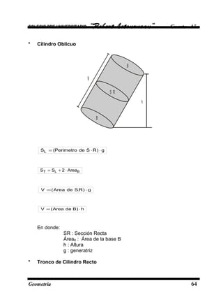 COLEGIO PRE UNIVERSITARIO “Robert Letourneau” Cuarto Año
* Cilindro Oblicuo
B
B
S R
g
h
g)RSdePerimetro(SL ⋅⋅=
BLT Area2SS ⋅+=
g)R.SdeArea(V ⋅=
h)BdeArea(V ⋅=
En donde:
SR : Sección Recta
ÁreaB : Área de la base B
h : Altura
g : generatriz
* Tronco de Cilindro Recto
Geometría 64
 