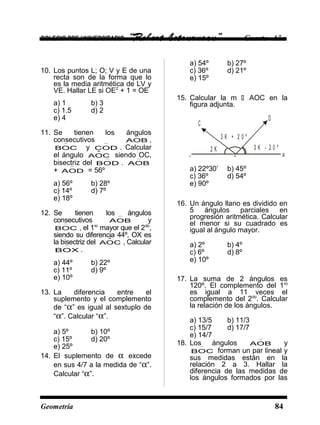 COLEGIO PRE UNIVERSITARIO “Robert Letourneau” Cuarto Año
10. Los puntos L; O; V y E de una
recta son de la forma que lo
es la media aritmética de LV y
VE. Hallar LE si OE2
+ 1 = OE
a) 1 b) 3
c) 1.5 d) 2
e) 4
11. Se tienen los ángulos
consecutivos BOA

,
COB

y DOC

. Calcular
el ángulo COˆA siendo OC,
bisectriz del DOB

. BOA

+ DOA

= 56º
a) 56º b) 28º
c) 14º d) 7º
e) 18º
12. Se tienen los ángulos
consecutivos BOA

y
COB

, el 1ro
mayor que el 2do
,
siendo su diferencia 44º, OX es
la bisectriz del COˆA , Calcular
XOB

.
a) 44º b) 22º
c) 11º d) 9º
e) 10º
13. La diferencia entre el
suplemento y el complemento
de “α” es igual al sextuplo de
“α”. Calcular “α”.
a) 5º b) 10º
c) 15º d) 20º
e) 25º
14. El suplemento de α excede
en sus 4/7 a la medida de “α”.
Calcular “α”.
a) 54º b) 27º
c) 36º d) 21º
e) 15º
15. Calcular la m  AOC en la
figura adjunta.
2 K
3 K + 2 0 º
3 K - 2 0 º
A
C
D
BO
a) 22º30’ b) 45º
c) 36º d) 54º
e) 90º
16. Un ángulo llano es dividido en
5 ángulos parciales en
progresión aritmética. Calcular
el menor si su cuadrado es
igual al ángulo mayor.
a) 2º b) 4º
c) 6º d) 8º
e) 10º
17. La suma de 2 ángulos es
120º. El complemento del 1ro
es igual a 11 veces el
complemento del 2do
. Calcular
la relación de los ángulos.
a) 13/5 b) 11/3
c) 15/7 d) 17/7
e) 14/7
18. Los ángulos BOA

y
COB

forman un par lineal y
sus medidas están en la
relación 2 a 3. Hallar la
diferencia de las medidas de
los ángulos formados por las
Geometría 84
 