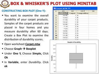 BOX & WHISKER’S PLOT USING MINITAB
CONSTRUCTING BOX PLOT (One Y):
 You want to examine the overall
durability of your carpet products.
Samples of the carpet products are
placed in four homes and you
measure durability after 60 days.
Create a Box Plot to examine the
distribution of durability scores.
 Open worksheet Carpet.mtw
 Choose Graph  Boxplot
 Under One Y, Choose Simple, Click
Ok
 In Variable, enter Durability. Click
ok
28
 