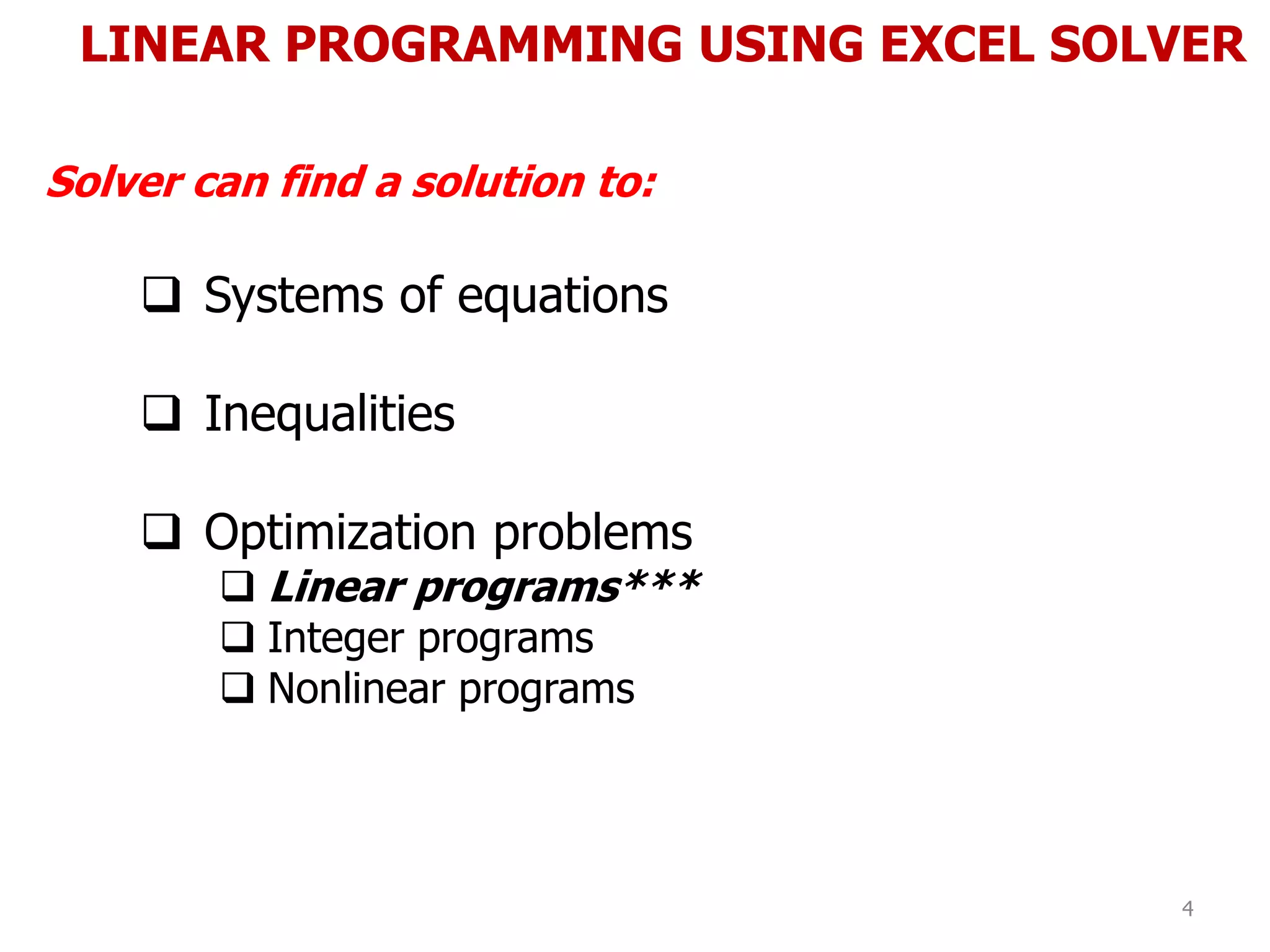 4 linear programming using excel solver ppt