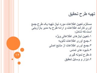 ‫تحقیق‬ ‫عشح‬ ّ‫تٓی‬
‫عشح،جًغ‬ ‫یک‬ ّ‫َیاص،تٓی‬ ‫يٕسد‬ ‫اعالػات‬ ٍ‫تؼیی‬ ‫يغتهضو‬
‫تاصاسیاتی‬ ‫يذیش‬ ّ‫ت‬ ‫عشح‬ ّ‫اسائ‬ ٔ ‫اعالػات‬ ‫کاسآيذ‬ ‫آٔسی‬
‫شايم‬ ّ‫اعت،ک‬:
1-ِ‫ٔیژ‬ ‫اعالػاتی‬ ‫َیاصْای‬ ٍ‫تؼیی‬
2-ّ‫ثإَی‬ ‫اعالػات‬ ‫آٔسی‬ ‫جًغ‬
3-‫اصهی‬ ‫يُاتغ‬ ‫اص‬ ‫اعالػات‬ ‫آٔسی‬ ‫جًغ‬
4-‫تًاط‬ ‫ْای‬ ِٕ‫شی‬
5-‫گیشی‬ ًََّٕ ‫عشح‬
6-‫تحقیق‬ ‫ٔعایم‬ ٔ ‫اتضاس‬
16
 