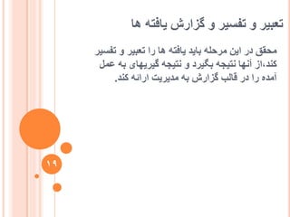 ‫ْا‬ ّ‫یافت‬ ‫گضاسػ‬ ٔ ‫تفغیش‬ ٔ ‫تؼثیش‬
‫تفغیش‬ ٔ ‫تؼثیش‬ ‫سا‬ ‫ْا‬ ّ‫یافت‬ ‫تایذ‬ ّ‫يشحه‬ ٍ‫ای‬ ‫دس‬ ‫يحقق‬
‫ػًم‬ ّ‫ت‬ ‫گیشیٓای‬ ّ‫َتیج‬ ٔ ‫تگیشد‬ ّ‫َتیج‬ ‫آَٓا‬ ‫کُذ،اص‬
‫کُذ‬ ّ‫اسائ‬ ‫يذیشیت‬ ّ‫ت‬ ‫گضاسػ‬ ‫قانة‬ ‫دس‬ ‫سا‬ ِ‫آيذ‬.
19
 