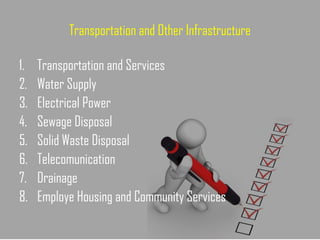 Transportation and Other Infrastructure
1. Transportation and Services
2. Water Supply
3. Electrical Power
4. Sewage Disposal
5. Solid Waste Disposal
6. Telecomunication
7. Drainage
8. Employe Housing and Community Services
 