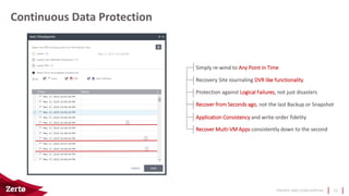 PRIVATE AND CONFIDENTIAL
Continuous Data Protection
12
Simply re-wind to Any Point in Time
Recovery Site Journaling DVR like functionality
Protection against Logical Failures, not just disasters
Recover from Seconds ago, not the last Backup or Snapshot
Application Consistency and write-order fidelity
Recover Multi-VM Apps consistently down to the second
 