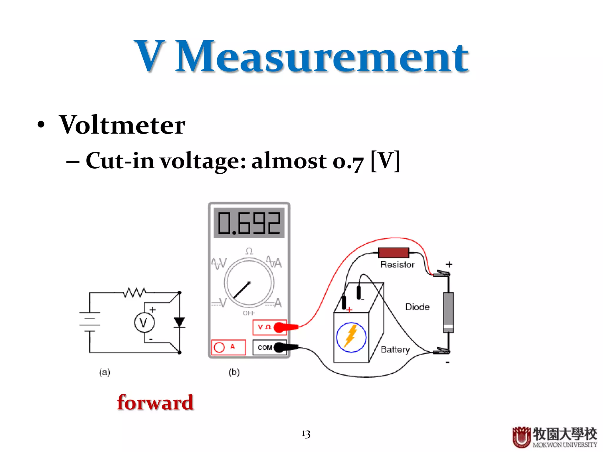 13
V Measurement
• Voltmeter
– Cut-in voltage: almost 0.7 [V]
forward
 