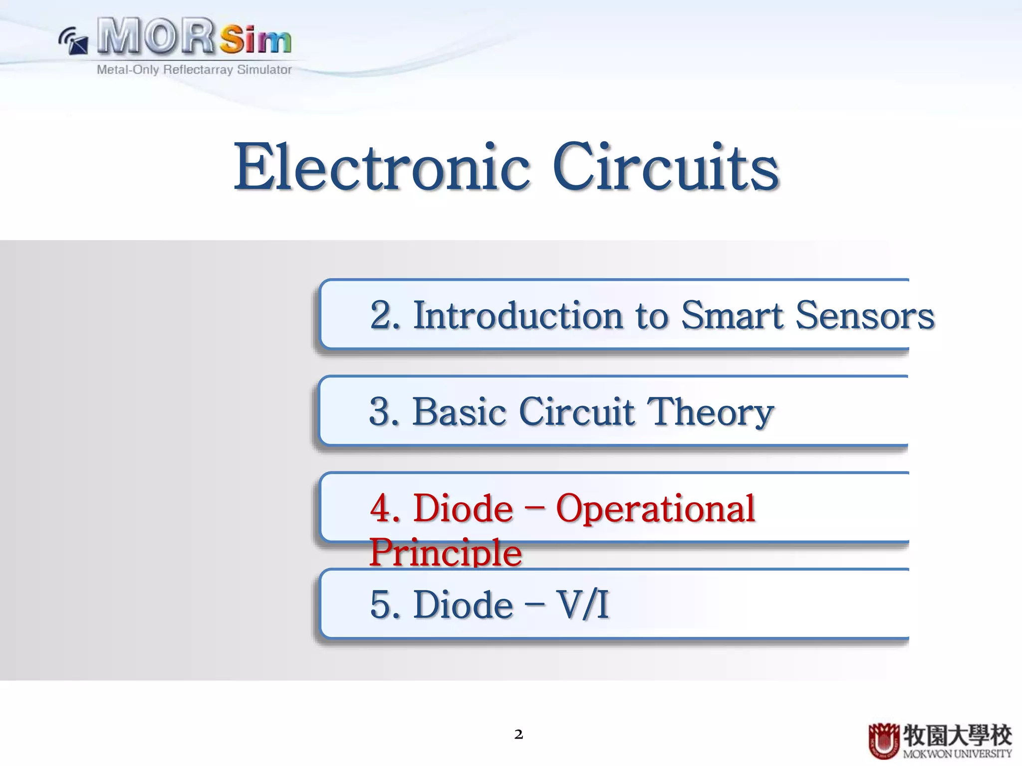 2
Electronic Circuits
2. Introduction to Smart Sensors
3. Basic Circuit Theory
4. Diode – Operational
Principle
5. Diode – V/I