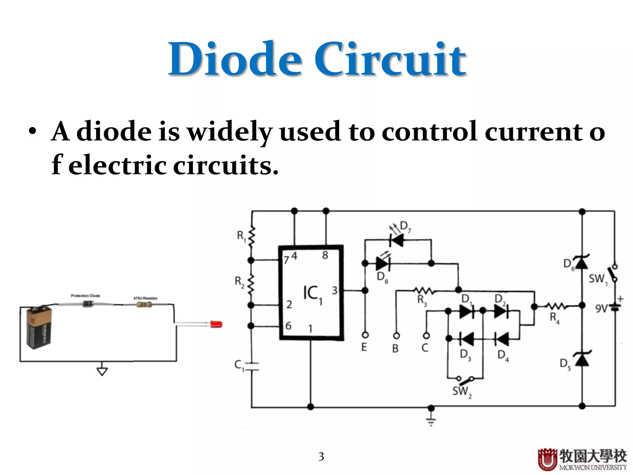 3
Diode Circuit
• A diode is widely used to control current o
f electric circuits.