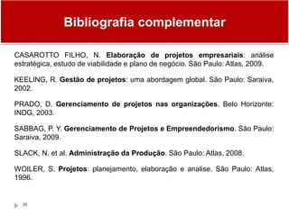 Bibliografia complementar
38
CASAROTTO FILHO, N. Elaboração de projetos empresariais: análise
estratégica, estudo de viabilidade e plano de negócio. São Paulo: Atlas, 2009.
KEELING, R. Gestão de projetos: uma abordagem global. São Paulo: Saraiva,
2002.
PRADO, D. Gerenciamento de projetos nas organizações. Belo Horizonte:
INDG, 2003.
SABBAG, P. Y. Gerenciamento de Projetos e Empreendedorismo. São Paulo:
Saraiva, 2009.
SLACK, N. et al. Administração da Produção. São Paulo: Atlas, 2008.
WOILER, S. Projetos: planejamento, elaboração e analise. São Paulo: Atlas,
1996.
 
