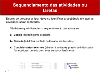 Sequenciamento das atividades ou
tarefas
7
Depois de preparar a lista, deve-se identificar a seqüência em que as
atividades serão realizadas.
São fatores que influenciam o sequenciamento das atividades:
a) Lógica (não tem como escapar);
b) Decisão (arbitrária: vontade do tomador de decisões);
c) Condicionantes externos (alheios à vontade): prazos definidos pelos
fornecedores, período de chuvas ou outros fenômenos.
 