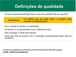 Prof. Adm. Antonio Marcos Montai Messias | Teoria Geral da Administração II | 4° Termo5
Definições de qualidade
As mais importantes definições para a ideia de qualidade são as seguintes:
Excelência
O melhor que se pode fazer, o padrão mais
elevado de desempenho.
Para o cavalo de corrida, é a velocidade.
No homem, é a superioridade moral, intelectual e física.
Para os gregos, o ideal mais elevado.
Fazer bem feito da primeira vez é a tradução contemporânea desse ideal de
excelência.
A ideia de qualidade foi discutida primeiramente pelos filósofos gregos.
(aretê = ideal da excelência)
 