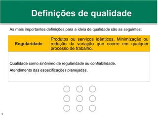 Prof. Adm. Antonio Marcos Montai Messias | Teoria Geral da Administração II | 4° Termo9
As mais importantes definições para a ideia de qualidade são as seguintes:
Regularidade
Produtos ou serviços idênticos. Minimização ou
redução da variação que ocorre em qualquer
processo de trabalho.
Qualidade como sinônimo de regularidade ou confiabilidade.
Atendimento das especificações planejadas.
Definições de qualidade
 
