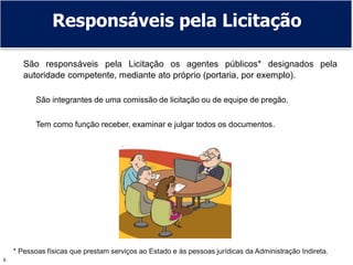 6
Responsáveis pela Licitação
São responsáveis pela Licitação os agentes públicos* designados pela
autoridade competente, mediante ato próprio (portaria, por exemplo).
São integrantes de uma comissão de licitação ou de equipe de pregão.
Tem como função receber, examinar e julgar todos os documentos.
* Pessoas físicas que prestam serviços ao Estado e às pessoas jurídicas da Administração Indireta.
 