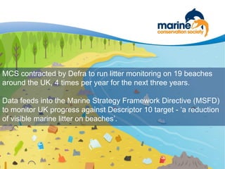 MCS contracted by Defra to run litter monitoring on 19 beaches
around the UK, 4 times per year for the next three years.
Data feeds into the Marine Strategy Framework Directive (MSFD)
to monitor UK progress against Descriptor 10 target - ‘a reduction
of visible marine litter on beaches’.
 