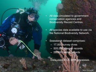 Photo: Chris Wood
• All data circulated to government
conservation agencies and
Biodiversity Record Centres
• All species data available to use via
the National Biodiversity Network.
• Seasearch dataset comprises:
– 17,000 survey dives
– 505,000 species records
– 59,000 habitat records
Data used in UK MPA processes.
 