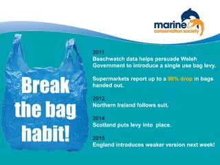 2011
Beachwatch data helps persuade Welsh
Government to introduce a single use bag levy.
Supermarkets report up to a 96% drop in bags
handed out.
2012
Northern Ireland follows suit.
2014
Scotland puts levy into place.
2015
England introduces weaker version next week!
Break
the bag
habit!
 