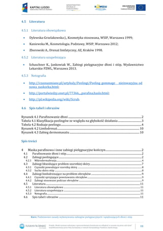 11
Kurs: Podstawowe zasady wykonywania zabiegów pielęgnacyjnych i upiększających dłoni i stóp
4.5 Literatura
4.5.1 Literatura obowiązkowa
 Dylewska-Grzelakowska J., Kosmetyka stosowana, WSIP, Warszawa 1999;
 Kaniewska M., Kosmetologia. Podstawy, WSIP, Warszawa 2012;
 Zborowski A., Drenaż limfatyczny, AZ, Kraków 1998.
4.5.2 Literatura uzupełniająca
 Schaschner K., Jankowiak W., Zabiegi pielęgnacyjne dłoni i stóp, Wydawnictwo
Lekarskie PZWL, Warszawa 2013.
4.5.3 Netografia
 http://czasnazmiane.pl/artykuly/Peelingi/Peeling_gommage___nieinwazyjna_od
nowa_naskorka.html;
 http://portalwiedzy.onet.pl/77366,,,,parafina,haslo.html;
 http://pl.wikipedia.org/wiki/Scrub.
4.6 Spis tabel i obrazów
Rysunek 4.1 Parafinowanie dłoni ..........................................................................................................2
Tabela 4.1 Klasyfikacja peelingów ze względu na głębokość działania ..................................3
Tabela 4.2 Rodzaje peelingu.....................................................................................................................4
Rysunek 4.2 Limfodrenaż.......................................................................................................................10
Rysunek 4.3 Zabieg dermomasażu .....................................................................................................10
Spis treści
4 Maska parafinowa i inne zabiegi pielęgnacyjne kończyn....................................................2
4.1 Parafinowanie dłoni i stóp.........................................................................................................................2
4.2 Zabiegi peelingujące.....................................................................................................................................2
4.2.1 Mikrodermabrazja.........................................................................................................................................................4
4.3 Zabiegi likwidujące problem szorstkiej skóry...................................................................................7
4.3.1 Czynniki powodujące szorstką skórę ...................................................................................................................8
4.3.2 Sucha skóra stóp ............................................................................................................................................................8
4.4 Zabiegi limfodrenujące na problem obrzęków.................................................................................9
4.4.1 Czynniki sprzyjające powstawaniu obrzęków..................................................................................................9
4.4.2 Zabiegi stosowane podczas obrzęków.................................................................................................................9
4.5 Literatura.......................................................................................................................................................11
4.5.1 Literatura obowiązkowa .........................................................................................................................................11
4.5.2 Literatura uzupełniająca .........................................................................................................................................11
4.5.3 Netografia.......................................................................................................................................................................11
4.6 Spis tabel i obrazów ..................................................................................................................................11
 